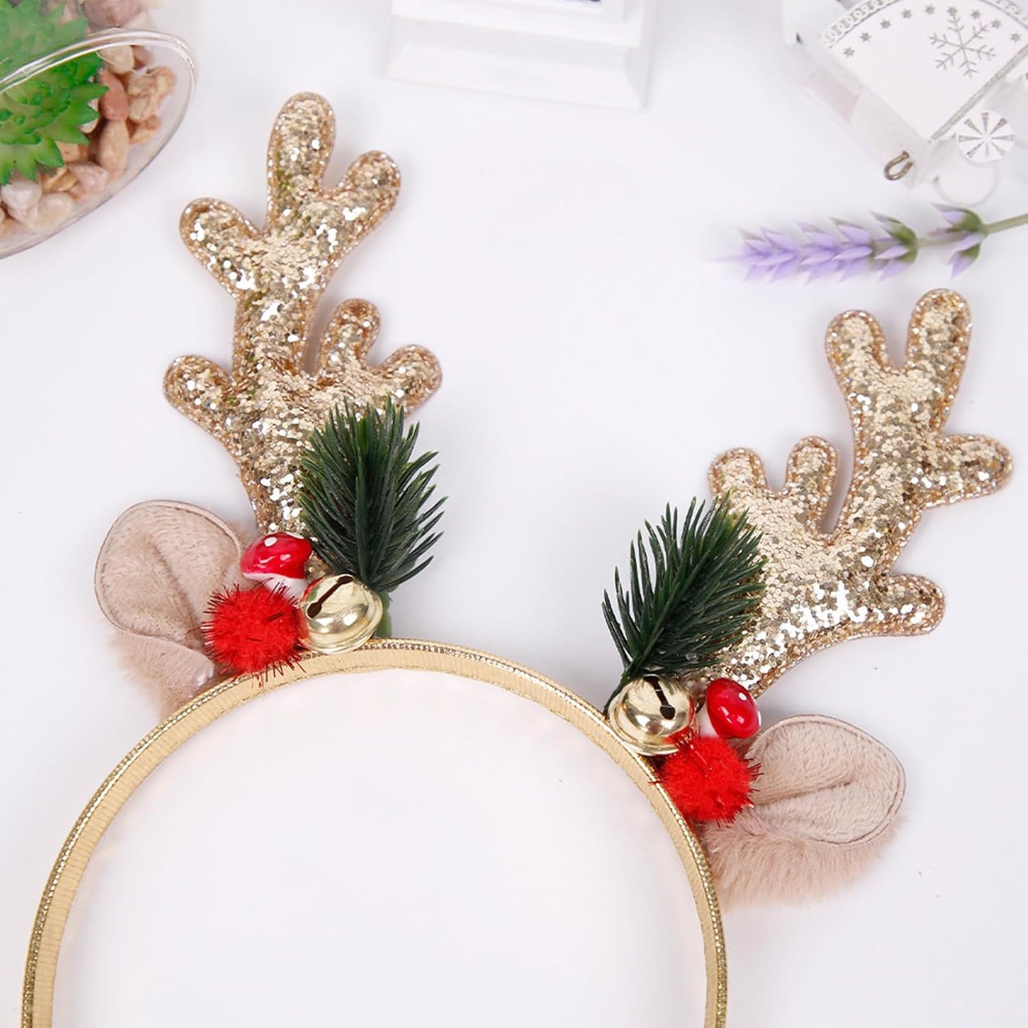 2 Pack Elk Antlers Headbands Glitter Christmas Reindeer Antlers Hair Bands Xmas Headwear Gift for Women Costume Christmas Holiday Party Accessory