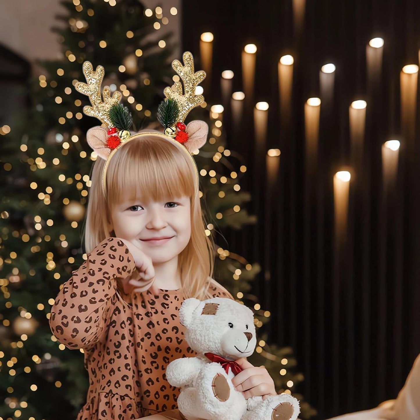 2 Pack Elk Antlers Headbands Glitter Christmas Reindeer Antlers Hair Bands Xmas Headwear Gift for Women Costume Christmas Holiday Party Accessory