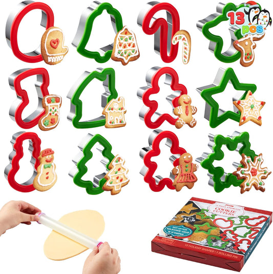 13 PCS Christmas Cookie Cutters in Stainless Steel with 3.5Í plus Grip and a Rolling Pin for Xmas Holiday Party Baking Supplies, Snowflake, Gingerbread Cookies Mold and Baking Gift