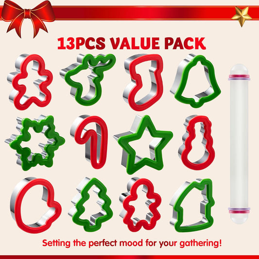 13 PCS Christmas Cookie Cutters in Stainless Steel with 3.5Í plus Grip and a Rolling Pin for Xmas Holiday Party Baking Supplies, Snowflake, Gingerbread Cookies Mold and Baking Gift