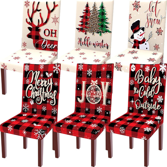 Christmas Chair Covers Set of 6, Removable Washable Stretch Christmas Chair Covers with Tree, Santa, Snowman, Elk for Dining, Hotel and Holiday Party Decor(Red and Brown,Snowflake)