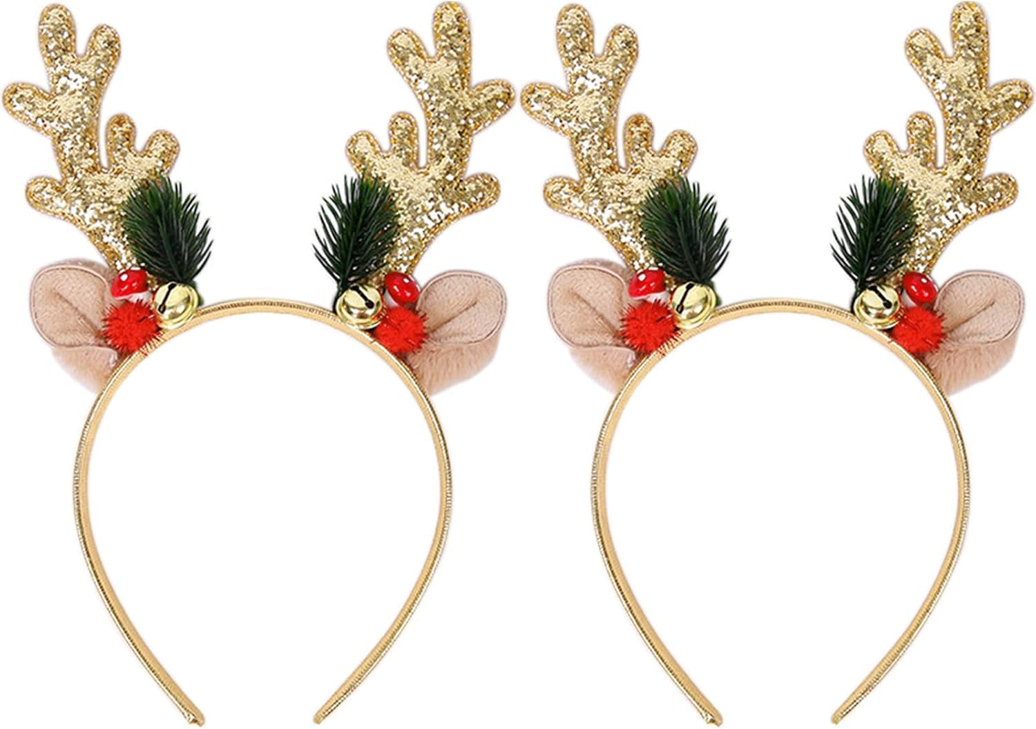 2 Pack Elk Antlers Headbands Glitter Christmas Reindeer Antlers Hair Bands Xmas Headwear Gift for Women Costume Christmas Holiday Party Accessory